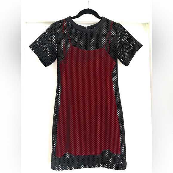 Sandro Paris Black Mesh Mini dress with Orange Sheath under layer. Size Small - Picture 4 of 10